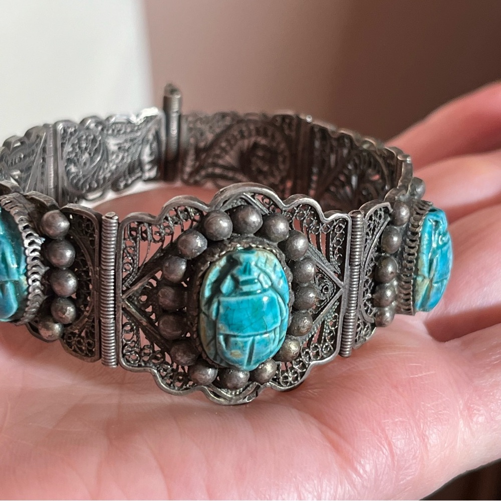 Antique Art Deco Sterling Silver Egyptian turquoise Scarab Beetle wide Bracelet - Picture 4 of 17